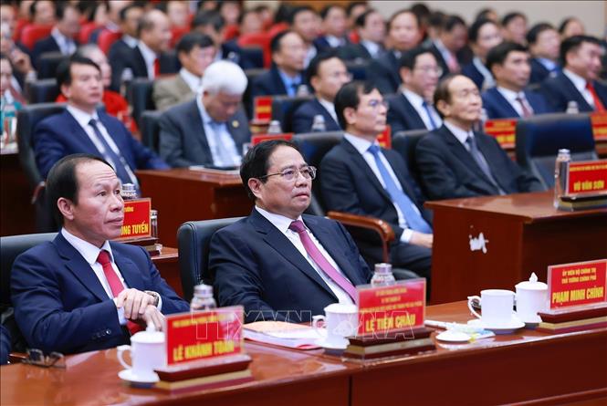 Thủ tướng Phạm Minh Chính dự Lễ công bố các nghị quyết, quyết định của Trung ương về sáp nhập đơn vị hành chính cho thành phố Hải Phòng. Ảnh: Dương Giang-TTXVN
