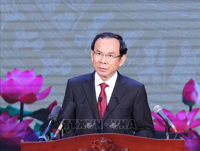 Đồng chí Nguyễn Văn Nên, Ủy viên Bộ Chính trị, Bí thư Thành ủy TP Hồ Chí Minh phát biểu. Ảnh: Thống Nhất – TTXVN