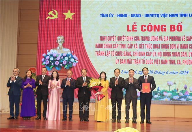 Bí thư Trung ương Đảng, Trưởng Ban Chính sách và chiến lược Trung ương Trần Lưu Quang trao Nghị quyết của Uỷ ban Thường vụ Quốc hội về việc chỉ định Chủ tịch, Phó Chủ tịch Hội đồng nhân dân; Trưởng các ban của Hội đồng nhân dân tỉnh Lào Cai. Ảnh: Đinh Thùy - TTXVN