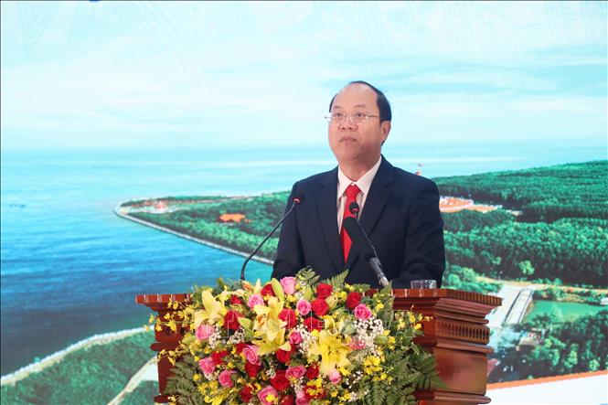 Đồng chí Nguyễn Hồ Hải, Bí thư Tỉnh ủy Cà Mau (mới) phát biểu nhận nhiệm vụ. Ảnh: Kim Há - TTXVN
