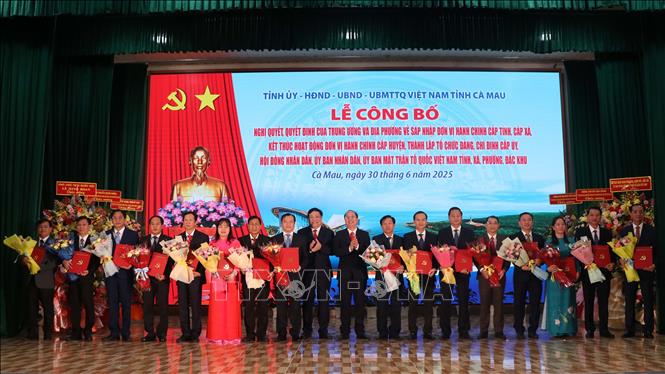 Lãnh đạo tỉnh Cà Mau trao Quyết định cho các đồng chí Bí thư Đảng bộ xã, phường của tỉnh Cà Mau. Ảnh: Kim Há – TTXVN