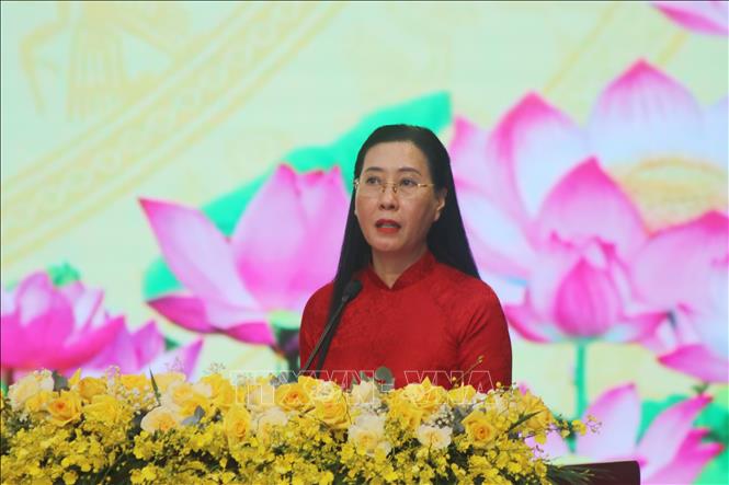 Ủy viên Trung ương Đảng, Bí thư Tỉnh ủy Quảng Ngãi Bùi Thị Quỳnh Vân phát biểu tại Lễ công bố. Ảnh: Phạm Cường-TTXVN