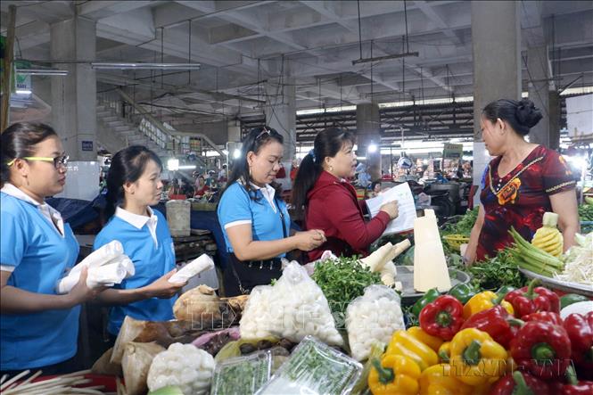 Hội Liên hiệp phụ nữ thành phố Bến Tre vận động tiểu thương ở các chợ trên địa bàn thành phố cam kết hạn chế sử dụng túi nilon truyền thống và thay thế bằng túi nilon tự hủy sinh học (2019). Ảnh: Trần Thị Thu Hiền - TTXVN