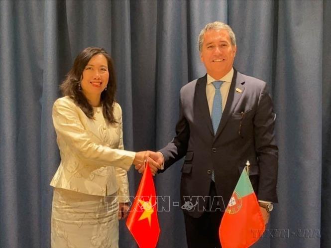 Nhân dịp tham dự Diễn đàn Bộ trưởng giữa Liên minh châu Âu (EU) và Khu vực Ấn Độ Dương – Thái Bình Dương về tăng cường quan hệ đối tác và thúc đẩy đối thoại tổ chức tại Thụy Điển, ngày 13/5/2023, Thứ trưởng Ngoại giao Lê Thị Thu Hằng gặp Quốc Vụ khanh Bộ Ngoại giao Bồ Đào Nha Francisco André. Ảnh: TTXVN phát