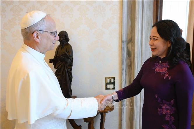 Phó Chủ tịch nước Võ Thị Ánh Xuân gặp Giáo hoàng Leo XIV. Ảnh: TTXVN phát
