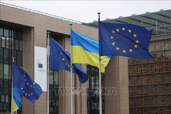 Cờ Liên minh châu Âu và Ukraine tại trụ sở EU ở Brussels, Bỉ. Ảnh: THX/TTXVN