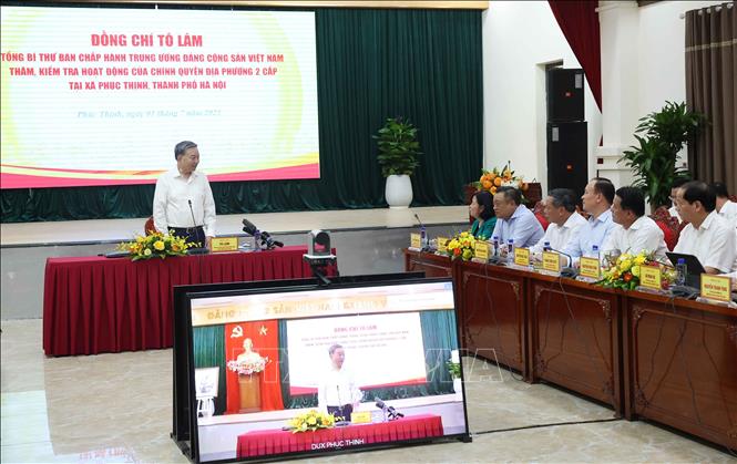 Tổng Bí thư Tô Lâm phát biểu chỉ đạo tại buổi đến thăm, kiểm tra hoạt động của chính quyền địa phương hai cấp tại xã Phúc Thịnh, thành phố Hà Nội. Ảnh: Thống Nhất – TTXVN 