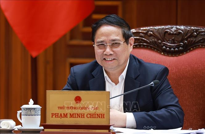 Thủ tướng Phạm Minh Chính chủ trì cuộc họp cho ý kiến vào dự thảo Luật Quy hoạch trình Bộ Chính trị. Ảnh: Dương Giang-TTXVN
