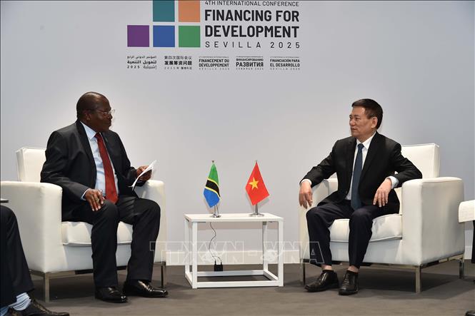 Phó Thủ tướng Chính phủ Hồ Đức Phớc gặp Phó Tổng thống Tanzania Philip Isdor Mpango. Ảnh: Ngọc Hiệp - PV TTXVN tại châu Âu