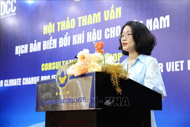 PGS.TS Phạm Thị Thanh Ngà, Viện trưởng Viện Khoa học khí tượng thủy văn và Biến đổi khí hậu phát biểu khai mạc. Ảnh: Lê Đông-TTXVN
