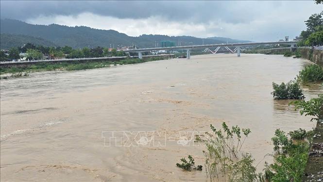 Nước lũ từ đầu nguồn ào ạt đổ về khiến nước trên sông Hồng, đoạn chảy qua phường Lào Cai dâng cao. Ảnh: TTXVN phát
