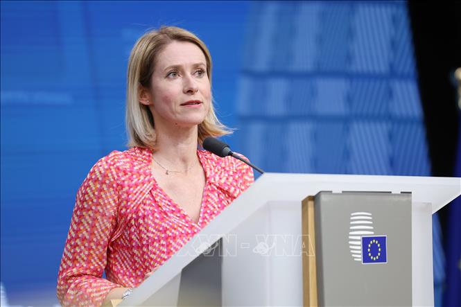 Đại diện cấp cao của EU về chính sách an ninh và đối ngoại Kaja Kallas phát biểu họp báo tại Brussels, Bỉ. Ảnh: THX/TTXVN
