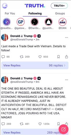 Ảnh chụp màn hình thông báo của Tổng thống Hoa Kỳ Donald Trump trên Truth Social. Ảnh: Ngọc Quang - PV TTXVN tại Hoa Kỳ