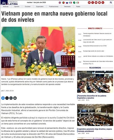 Prensa Latina trích lời Tổng Bí thư Tô Lâm khẳng định cải cách là yêu cầu tất yếu để đáp ứng thách thức của toàn cầu hóa, chuyển đổi số và cách mạng công nghiệp 4.0. Ảnh: chụp màn hình trang báo