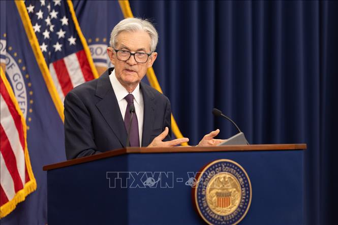 Chủ tịch Cục Dự trữ liên bang Mỹ (FED) Jerome Powell phát biểu tại cuộc họp báo ở Washington, D.C. Ảnh: THX/TTXVN