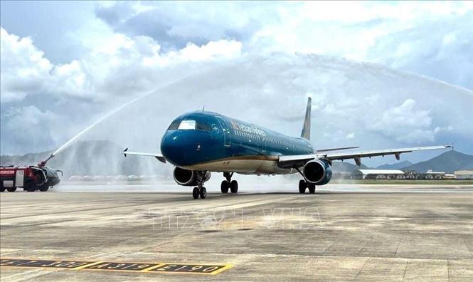 Tàu bay của Hãng hàng không Quốc gia Việt Nam từ Osaka (Nhật Bản) đưa khách đến Đà Nẵng. Ảnh: Trần Lê Lâm - TTXVN 