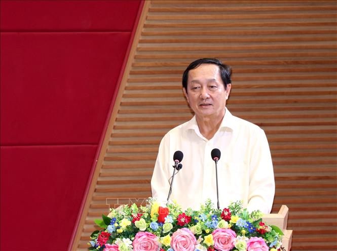Ủy viên Ban Chấp hành Trung ương Đảng, Phó Trưởng Ban Tuyên giáo và Dân vận Trung ương Huỳnh Thành Đạt phát biểu tại hội nghị. Ảnh: Lê Thúy Hằng – TTXVN