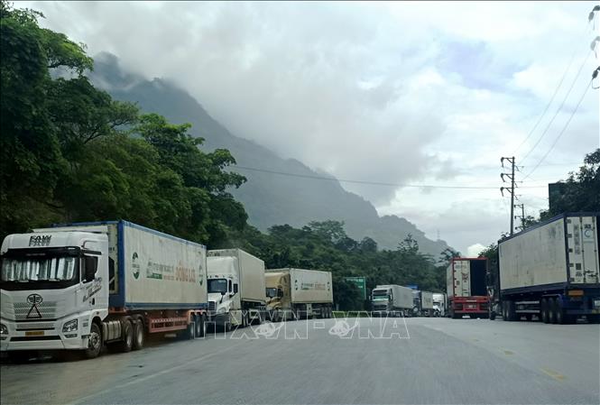 Các phương tiện đang chuẩn bị xuất, nhập cảnh qua Cửa khẩu Quốc tế Thanh Thủy (Tuyên Quang). Ảnh: Đức Thọ - TTXVN
