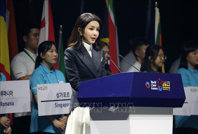 (Tư liệu) Bà Kim Keon Hee phát biểu tại một sự kiện ở Gangneung, Hàn Quốc, ngày 3/7/2023. Ảnh: Yonhap/TTXVN