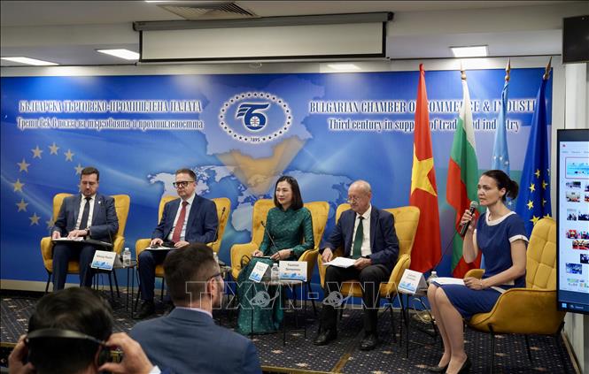 Đại sứ Việt Nam tại Bulgaria Nguyễn Thị Minh Nguyệt (giữa) tham dự Diễn đàn. Ảnh: TTXVN phát