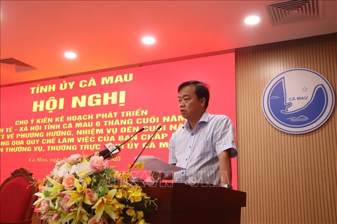 Phó Bí thư Thường trực Tỉnh ủy Cà Mau Huỳnh Quốc Việt, trình bày Tờ trình của Ban Thường vụ Tỉnh ủy về Quy chế làm việc của Ban Chấp hành Đảng bộ tỉnh, Ban Thường vụ Tỉnh ủy, Thường trực Tỉnh ủy Cà Mau khóa XVI, nhiệm kỳ 2020 - 2025. Ảnh: Kim Há - TTXVN