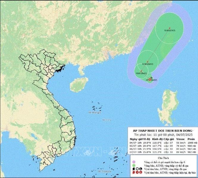 Hướng di chuyển của áp thấp nhiệt đới. Ảnh: TTXVN phát