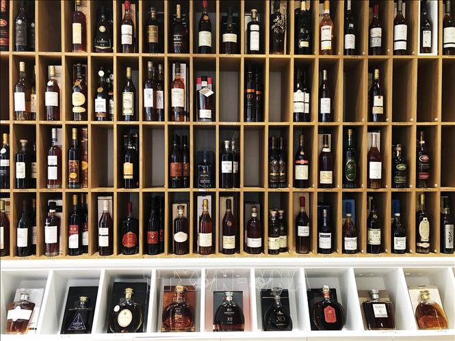 Các loại rượu cognac được trưng bày tại Cognac, Pháp. Ảnh: THX/TTXVN