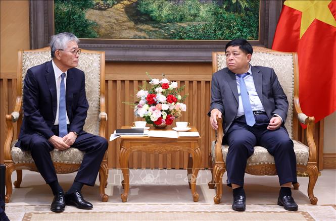 Deputy Prime Minister Nguyen Chi Dung receives Erex Corporation's Representative Director and President Honna Hitoshi. VNA Photo: Văn Điệp 