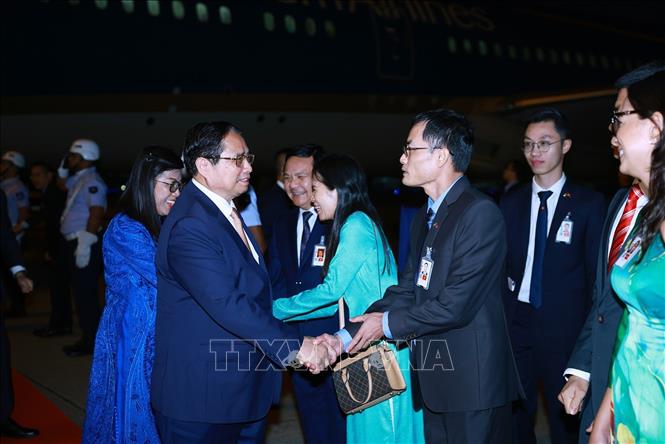 Cán bộ, nhân viên Đại sứ quán đón Thủ tướng Phạm Minh Chính và Phu nhân tại sân bay quân sự Galeao, Rio de Janeiro (Brazil). Ảnh: Dương Giang - TTXVN