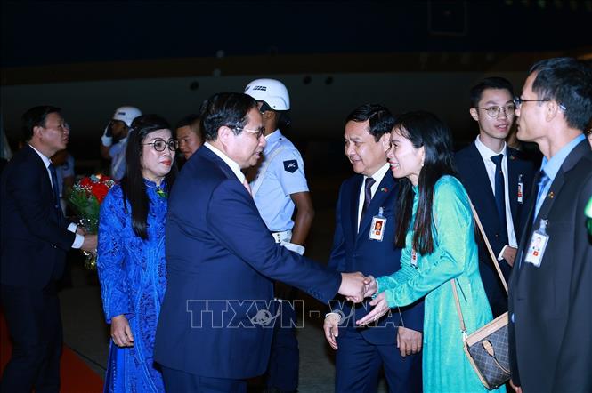 Cán bộ, nhân viên Đại sứ quán đón Thủ tướng Phạm Minh Chính và Phu nhân tại sân bay quân sự Galeao, Rio de Janeiro (Brazil). Ảnh: Dương Giang - TTXVN