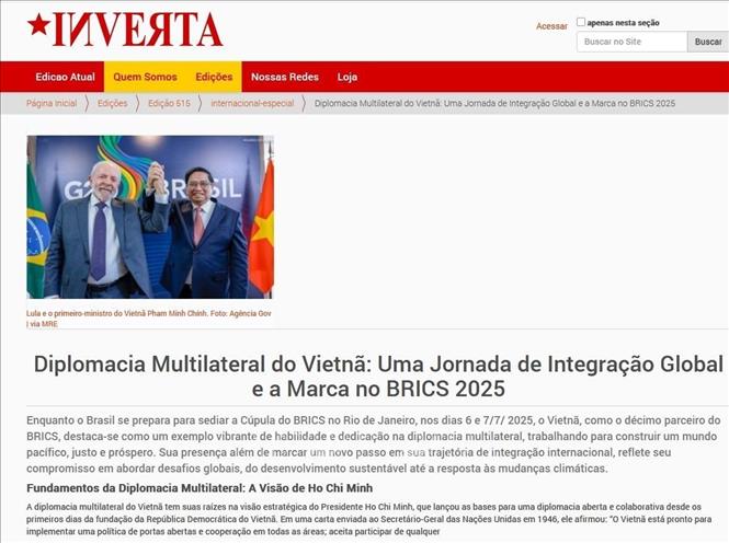 Bài viết “Ngoại giao đa phương Việt Nam - Hành trình hội nhập toàn cầu và dấu ấn tại BRICS 2025” trên trang INVERTA của Brazil. Ảnh: Diệu Hương - phóng viên TTXVN tại Nam Mỹ