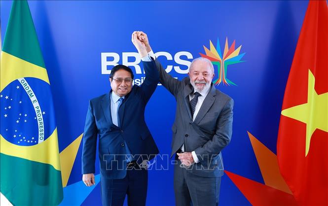 Thủ tướng Phạm Minh Chính và Tổng thống Cộng hòa Liên bang Brazil Lula da Silva. Ảnh: Dương Giang-TTXVN
