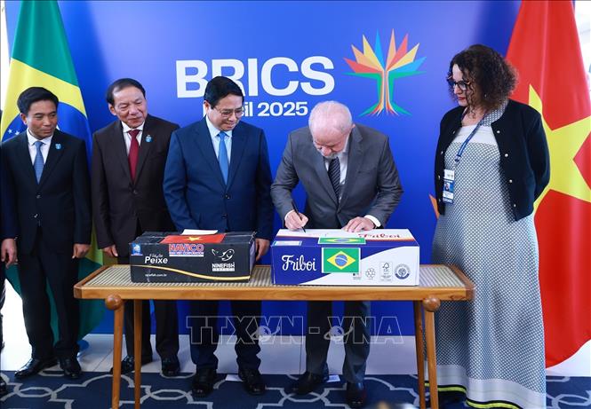 Tổng thống Cộng hòa Liên bang Brazil Lula da Silva ký vào thùng hàng tượng trưng lô hàng thịt bò đầu tiên của Brazil xuất sang Việt Nam. Ảnh: Dương Giang-TTXVN
