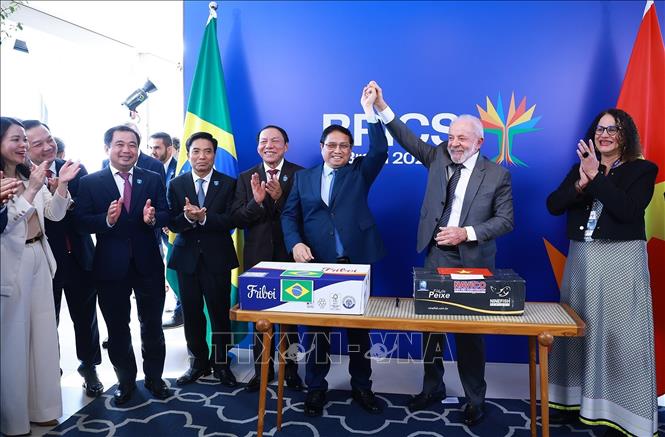 Thủ tướng Phạm Minh Chính và Tổng thống Cộng hòa Liên bang Brazil Lula da Silva tại lễ ký xuất khẩu hàng thương mại hai chiều giữa Việt Nam và Brazil. Ảnh: Dương Giang-TTXVN
