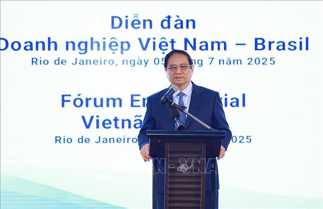 Thủ tướng Phạm Minh Chính phát biểu tại Diễn đàn doanh nghiệp Việt Nam - Brazil. Ảnh: Dương Giang-TTXVN
