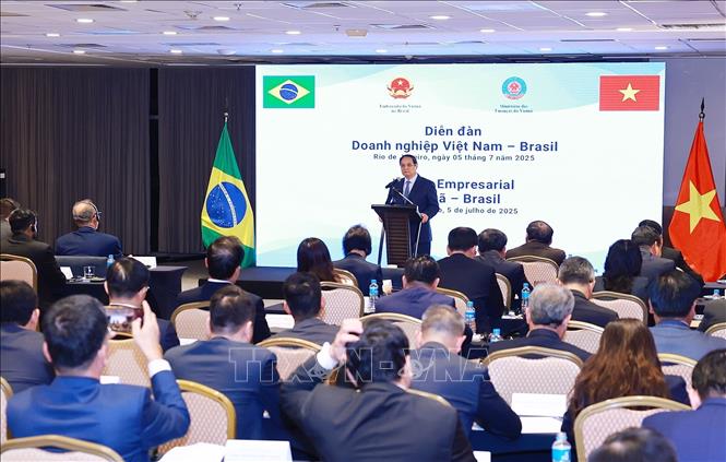 Thủ tướng Phạm Minh Chính phát biểu tại Diễn đàn doanh nghiệp Việt Nam - Brazil. Ảnh: Dương Giang-TTXVN
