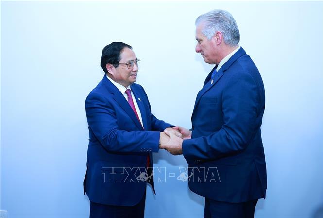 Thủ tướng Phạm Minh Chính gặp Bí thư Thứ nhất Đảng Cộng sản Cuba, Chủ tịch nước Cộng hòa Cuba Miguel Díaz-Canel Bermúdez. Ảnh: Dương Giang-TTXVN 