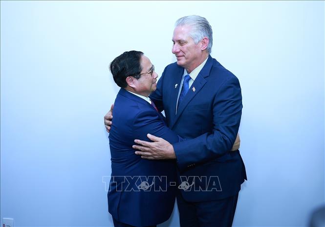 Thủ tướng Phạm Minh Chính gặp Bí thư Thứ nhất Đảng Cộng sản Cuba, Chủ tịch nước Cộng hòa Cuba Miguel Díaz-Canel Bermúdez. Ảnh: Dương Giang-TTXVN 