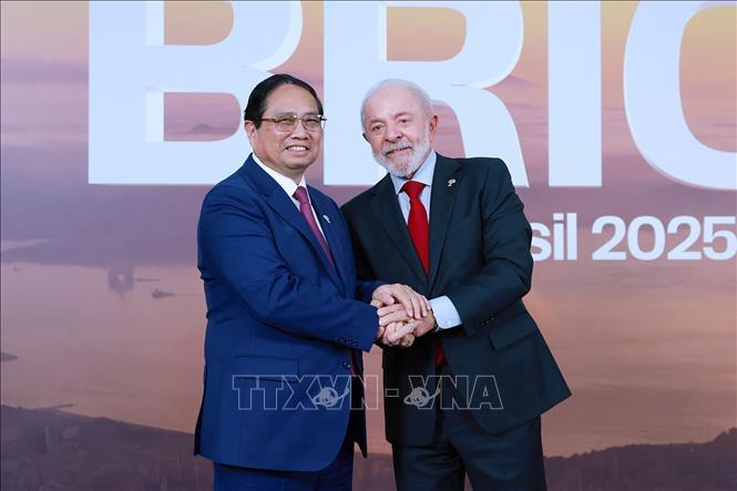 Brazilian President Lula da Silva welcomes Prime Minister Pham Minh Chinh. VNA Photo: Dương Giang
