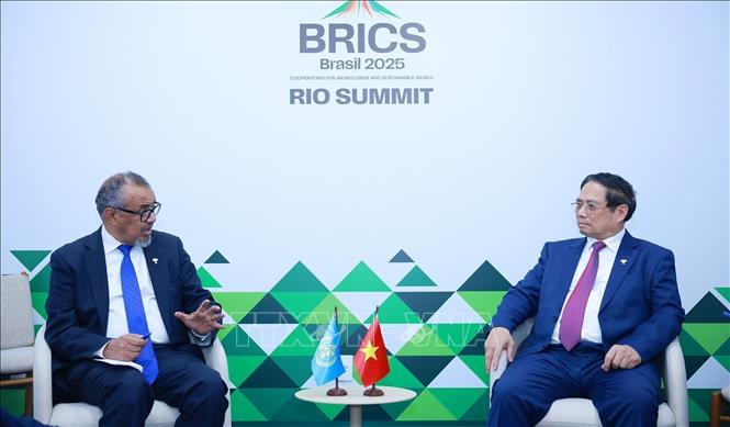 Prime Minister Pham Minh Chinh meets WHO Director-General Tedros Adhanom Ghebreyesus. VNA Photo: Dương Giang
