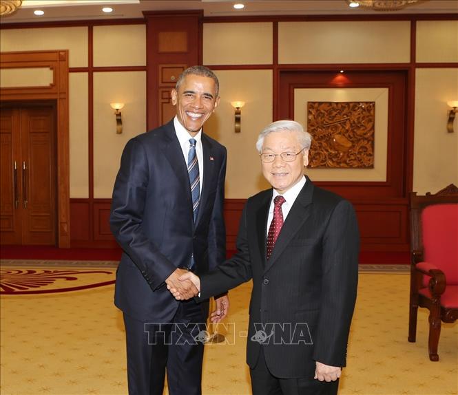 Tổng Bí thư Nguyễn Phú Trọng tiếp Tổng thống Hoa Kỳ Barack Obama thăm chính thức Việt Nam (Hà Nội, 23/5/2016). Ảnh: Trí Dũng - TTXVN