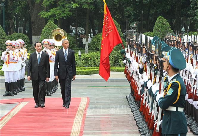 Sáng 23/5/2016, Chủ tịch nước Trần Đại Quang chủ trì Lễ đón Tổng thống Hoa Kỳ Barack Obama thăm chính thức Việt Nam. Ảnh: Trọng Đức - TTXVN