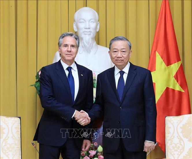 Tối 27/7/2024, tại Phủ Chủ tịch, Chủ tịch nước Tô Lâm tiếp Ngoại trưởng Hoa Kỳ Antony Blinken nhân dịp dẫn đầu Phái đoàn đại diện Tổng thống Hoa Kỳ sang Việt Nam viếng Tổng Bí thư Nguyễn Phú Trọng. Ảnh: Lâm Khánh - TTXVN