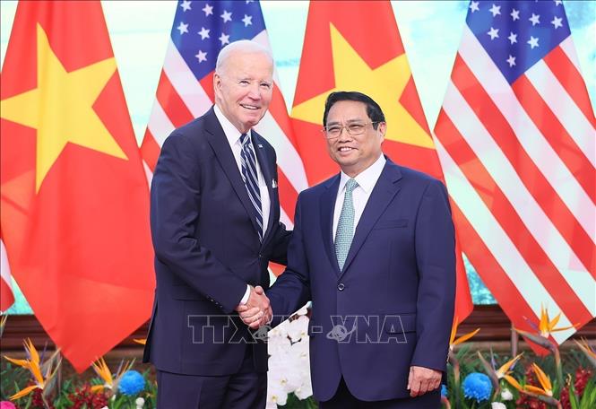 Sáng 11/9/2023, tại Hà Nội, Thủ tướng Phạm Minh Chính hội kiến Tổng thống Hoa Kỳ Joe Biden nhân chuyến thăm cấp Nhà nước tới Việt Nam. Ảnh: Dương Giang-TTXVN