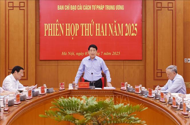 Chủ tịch nước Lương Cường, Trưởng Ban Chỉ đạo Cải cách Tư pháp Trung ương phát biểu chỉ đạo. Ảnh: Lâm Khánh - TTXVN