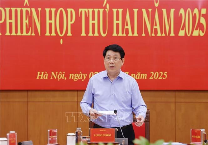 Chủ tịch nước Lương Cường, Trưởng Ban Chỉ đạo Cải cách Tư pháp Trung ương phát biểu kết luận. Ảnh: Lâm Khánh - TTXVN