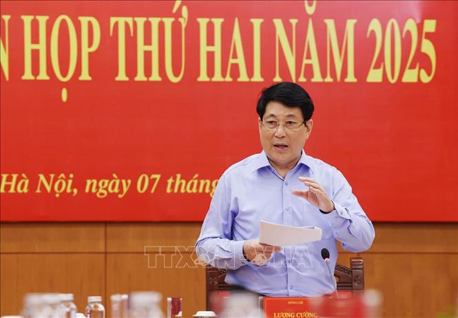 Chủ tịch nước Lương Cường, Trưởng Ban Chỉ đạo Cải cách Tư pháp Trung ương phát biểu kết luận. Ảnh: Lâm Khánh - TTXVN