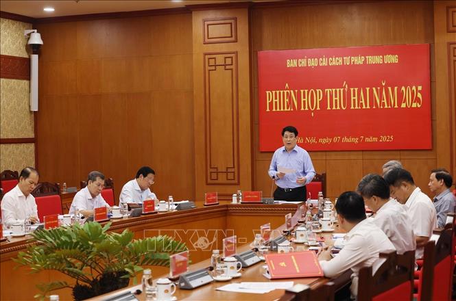 Chủ tịch nước Lương Cường, Trưởng Ban Chỉ đạo Cải cách Tư pháp Trung ương phát biểu kết luận. Ảnh: Lâm Khánh - TTXVN