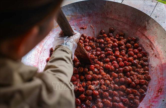 Sautéing Tam Hoa Bac Ha plums to make chewy plum snack. VNA Photo: Hoàng Hiếu