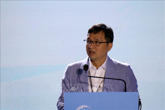 Chủ tịch Hội Tin học Thành phố Hồ Chí Minh Lâm Nguyễn Hải Long phát biểu khai mạc iTech Expo 2025. Ảnh: Tiến Lực - TTXVN